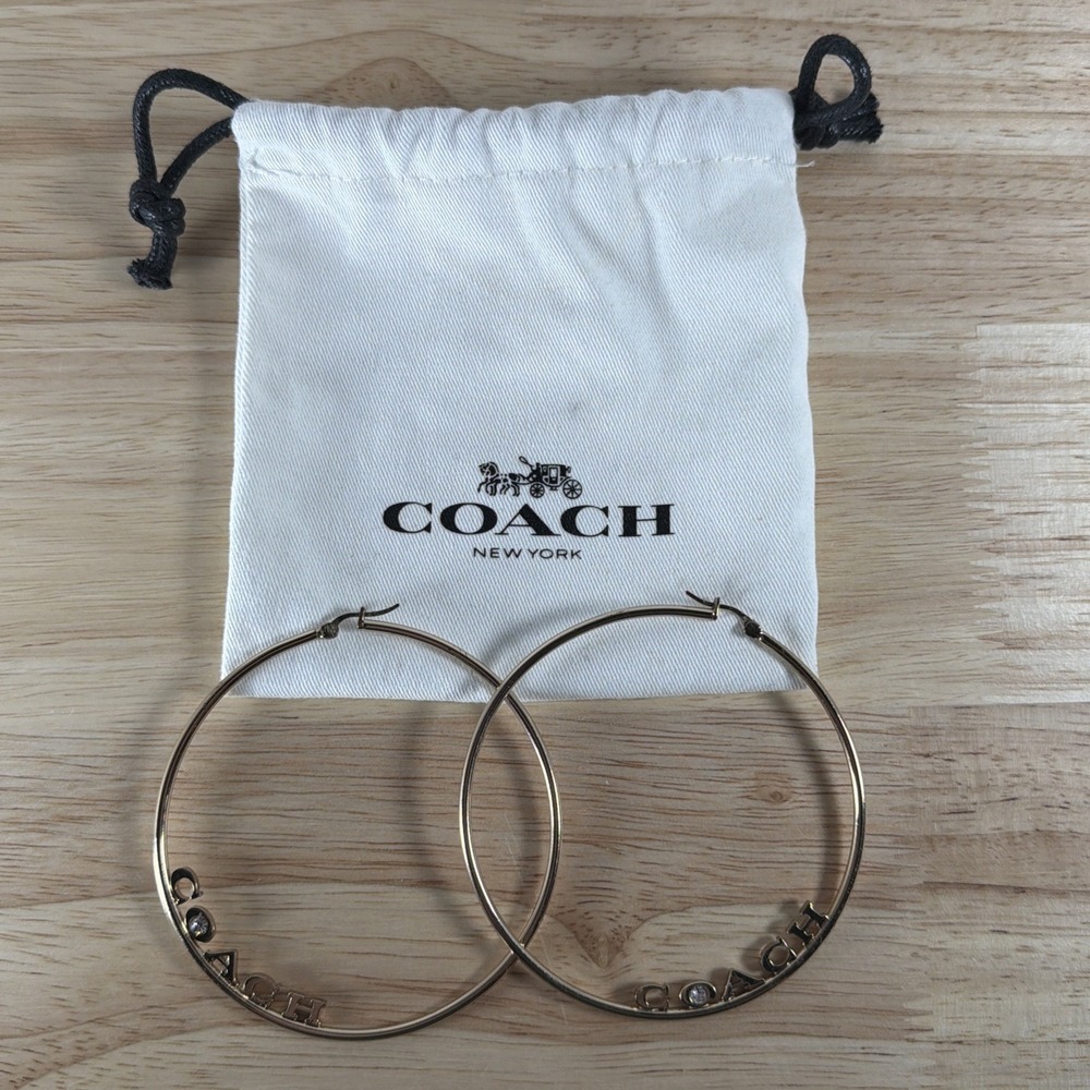 Coach Gold Tone Logo Round Hoop Earrings Latch Style 3" Matching Pair Designer